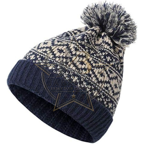 Fair Isle Pom Pom Beanie for Men & Women – Navy Nordic Print Knit Cap