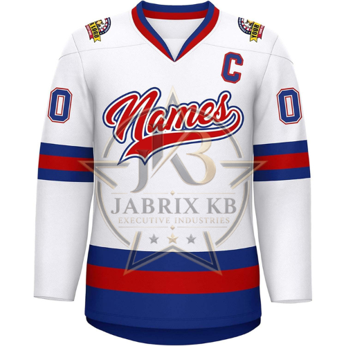 Custom Hockey Jersey for Men – White, Blue & Red Team Uniform with Name & Number