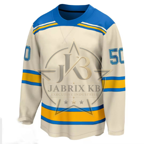 Men's Hockey Jersey – Cream, Blue & Gold Team Uniform with Number