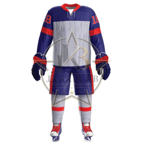 Navy Blue Pinstripe Ice Hockey Uniform – Red & White Jersey Set